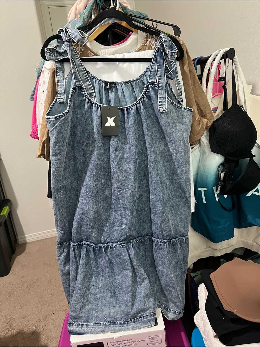 XPLUSWEAR Casual Acid Wash Denim Baby Doll Mini Dress-  Self Tie Shoulder Straps